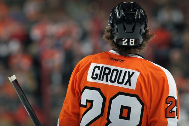 PHILADELPHIA, PA - MARCH 11: A view of Claude Giroux #28 of the Philadelphia Flyers during his game against the New Jersey Devils on March 11, 2014 at the Wells Fargo Center in Philadelphia, Pennsylvania. (Photo by Len Redkoles/NHLI via Getty Images) PHILADELPHIA, PA - MARCH 11: A view of Claude Giroux #28 of the Philadelphia Flyers during his game against the New Jersey Devils on March 11, 2014 at the Wells Fargo Center in Philadelphia, Pennsylvania. (Photo by Len Redkoles/NHLI via Getty Images)