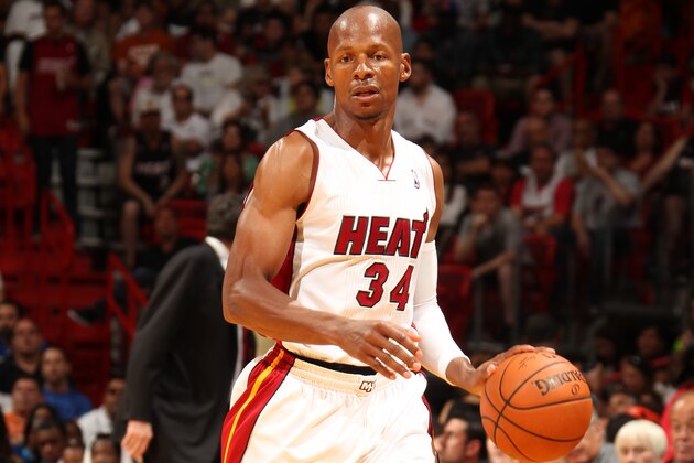 MIAMI, FL - March 16: Ray Allen #34 of the Miami Heat dribbles up the court against the Houston Rockets at the American Airlines Arena in Miami, Florida on March 16 2014. NOTE TO USER: User expressly acknowledges and agrees that, by downloading and/or using this photograph, user is consenting to the terms and conditions of the Getty Images License Agreement. Mandatory copyright notice: Copyright NBAE 2014 (Photo by Issac Baldizon/NBAE via Getty Images)