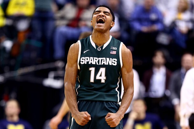 INDIANAPOLIS, IN - MARCH 16: Gary Harris #14 of the Michigan State Spartans reacts against the Michigan Wolverines during the 2014 Big Ten Men's Championship at Bankers Life Fieldhouse on March 16, 2014 in Indianapolis, Indiana. (Photo by Andy Lyons/Getty Images) INDIANAPOLIS, IN - MARCH 16: Gary Harris #14 of the Michigan State Spartans reacts against the Michigan Wolverines during the 2014 Big Ten Men's Championship at Bankers Life Fieldhouse on March 16, 2014 in Indianapolis, Indiana. (Photo by Andy Lyons/Getty Images)