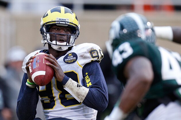 EAST LANSING, MI - NOVEMBER 02: Devin Gardner #98 of the Michigan Wolverines looks to pass against the Michigan State Spartans at Spartan Stadium on November 2, 2013 in East Lansing, Michigan. (Photo by Gregory Shamus/Getty Images)