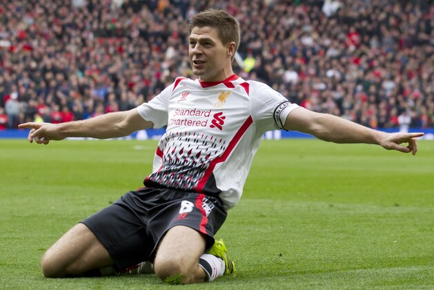 Liverpool's Steven Gerrard celebrates after scoring against Manchester United during their English Premier League soccer match at Old Trafford Stadium, Manchester, England, Sunday March 16, 2014. (AP Photo/Jon Super) Liverpool's Steven Gerrard celebrates after scoring against Manchester United during their English Premier League soccer match at Old Trafford Stadium, Manchester, England, Sunday March 16, 2014. (AP Photo/Jon Super)