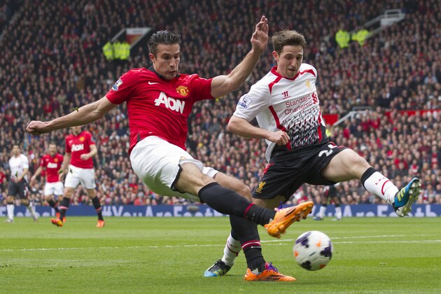 Manchester United's Robin van Persie, fights for the ball against Liverpool's Joe Allen during their English Premier League soccer match at Old Trafford Stadium, Manchester, England, Sunday March 16, 2014. (AP Photo/Jon Super)