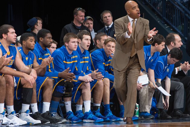 Dec 7, 2013; South Bend, IN, USA; Delaware Blue Hens head coach Monte Ross yells to his players in the first half against the Notre Dame Fighting Irish at the Purcell Pavilion. Mandatory Credit: Matt Cashore-USA TODAY Sports