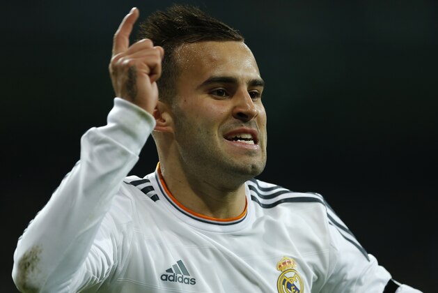 Real's Jese Rodriguez celebrates after scoring during a semi final, 1st leg, Copa del Rey soccer derby match between Real Madrid and Atletico Madrid at the Santiago Bernabeu Stadium in Madrid, Wednesday Feb. 5, 2014.  (AP Photo/Paul White)