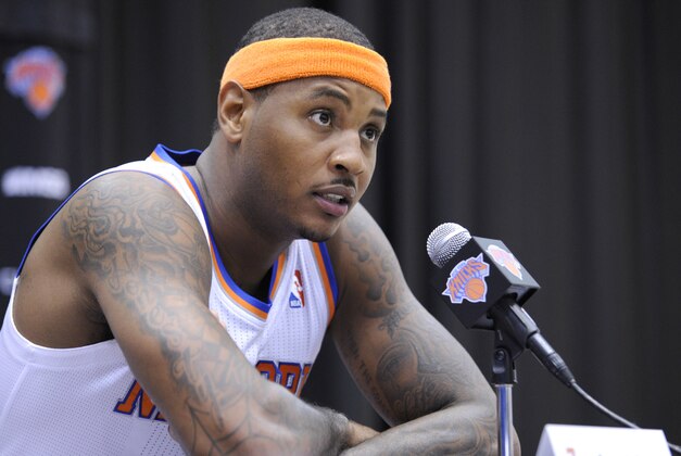New York Knicks' Carmelo Anthony talks to the media at the NBA teams media day Monday, Sept. 30, 2013, in Greenburgh, N.Y. (AP Photo/Bill Kostroun) New York Knicks' Carmelo Anthony talks to the media at the NBA teams media day Monday, Sept. 30, 2013, in Greenburgh, N.Y. (AP Photo/Bill Kostroun)