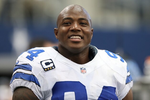 Sep 22, 2013; Arlington, TX, USA; Dallas Cowboys defensive end DeMarcus Ware (94) smiles while on the sidelines during the fourth quarter against the St. Louis Rams at AT&T Stadium. The Dallas Cowboys beat St. Louis Rams 31-7. Mandatory Credit: Matthew Emmons-USA TODAY Sports