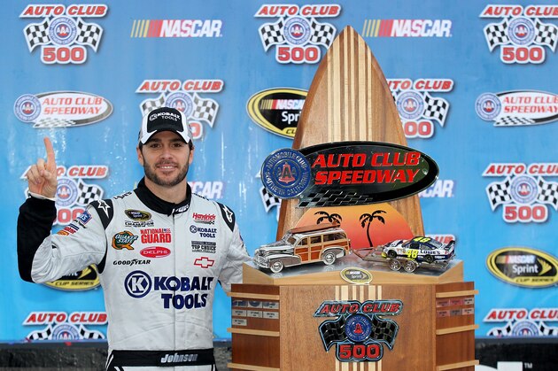 FONTANA, CA - FEBRUARY 21:  Jimmie Johnson, driver of the #48 Lowe's/Kobalt Tools Chevrolet, celebrates in victory lane with the trophy after winning the NASCAR Sprint Cup Series Auto Club 500 at Auto Club Speedway on February 21, 2010 in Fontana, California.  (Photo by Jason Smith/Getty Images for NASCAR)