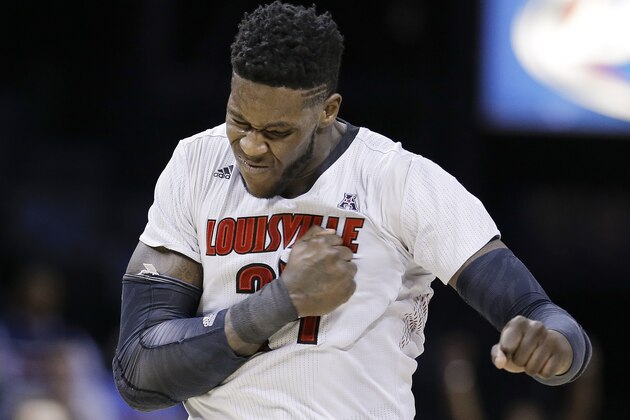 Louisville forward Montrezl Harrell celebrates after scoring against Connecticut during the second half of an NCAA college basketball game in the final of the American Athletic Conference men's tournament Saturday, March 15, 2014, in Memphis, Tenn. Louisville won 71-61. (AP Photo/Mark Humphrey)