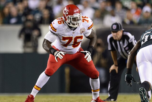 Sep 19, 2013; Philadelphia, PA, USA; Kansas City Chiefs offensive tackle Branden Albert (76) during the third quarter against the Philadelphia Eagles at Lincoln Financial Field. The Chiefs defeated the Eagles 26-16. Mandatory Credit: Howard Smith-USA TODAY Sports
