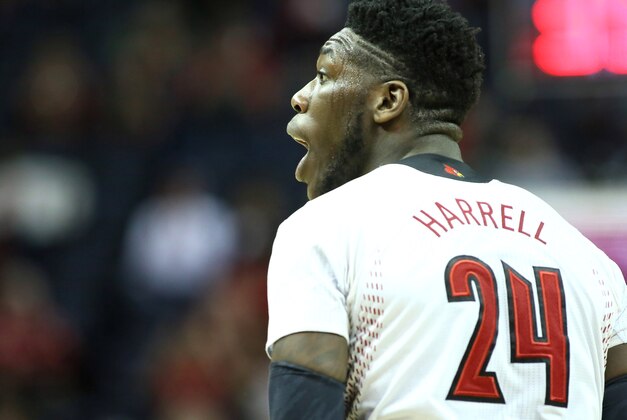 Mar 15, 2014; Memphis, TN, USA; Louisville Cardinals forward Montrezl Harrell (24) reacts after a play against the Connecticut Huskies in final of the American Athletic Conference college basketball tournament at FedEx Forum. Louisville defeated Connecticut 71-61. Mandatory Credit: Nelson Chenault-USA TODAY Sports