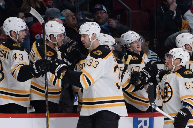 MONTREAL, QC - MARCH 12:  Zdeno Chara #33 of the Boston Bruins celebrates after scoring a goal against the Montreal Canadiens during the NHL game on March 12, 2014 at the Bell Centre in Montreal, Quebec, Canada. (Photo by Francois Lacasse/NHLI via Getty Images)