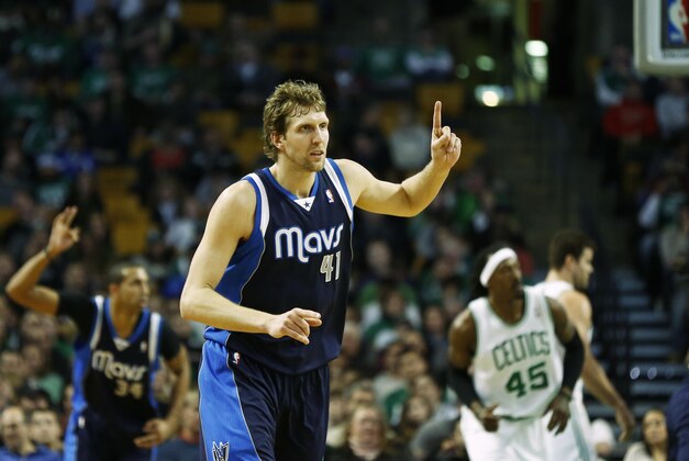 Feb 9, 2014; Boston, MA, USA; Dallas Mavericks power forward Dirk Nowitzki (41) celebrates against the Boston Celtics during the second half at TD Garden. Mandatory Credit: Mark L. Baer-USA TODAY Sports Feb 9, 2014; Boston, MA, USA; Dallas Mavericks power forward Dirk Nowitzki (41) celebrates against the Boston Celtics during the second half at TD Garden. Mandatory Credit: Mark L. Baer-USA TODAY Sports
