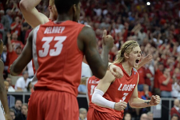 Mar 15, 2014; Las Vegas, NV, USA; New Mexico Lobos guard Hugh Greenwood (3) reacts following the win against the San Diego State Aztecs of the championship game for the Mountain West Conference college basketball tournament at Thomas and Mack Center. The Lobos defeated the Aztecs 64-58. Mandatory Credit: Ron Chenoy-USA TODAY Sports