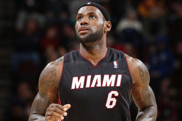 CLEVELAND, OH - NOVEMBER 27: LeBron James #6 of the Miami Heat runs up court against the Cleveland Cavaliers at The Quicken Loans Arena on November 27, 2013 in Cleveland, Ohio. NOTE TO USER: User expressly acknowledges and agrees that, by downloading and/or using this Photograph, user is consenting to the terms and conditions of the Getty Images License Agreement. Mandatory Copyright Notice: Copyright 2013 NBAE (Photo by Gregory Shamus/NBAE via Getty Images) CLEVELAND, OH - NOVEMBER 27: LeBron James #6 of the Miami Heat runs up court against the Cleveland Cavaliers at The Quicken Loans Arena on November 27, 2013 in Cleveland, Ohio. NOTE TO USER: User expressly acknowledges and agrees that, by downloading and/or using this Photograph, user is consenting to the terms and conditions of the Getty Images License Agreement. Mandatory Copyright Notice: Copyright 2013 NBAE (Photo by Gregory Shamus/NBAE via Getty Images)