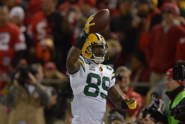 Jan 12, 2013; San Francisco, CA, USA; Green Bay Packers wide receiver James Jones (89) celebrates after a touchdown against the San Francisco 49ers during the second quarter of the NFC divisional round playoff game at Candlestick Park.  Mandatory Credit: Kirby Lee-USA TODAY Sports