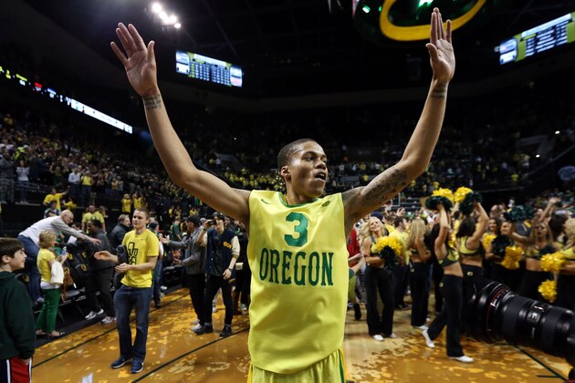 Oregon's Joseph Young celebrates the Duck's victory over Arizona in an NCAA college basketball game in Eugene, Ore. on Saturday, March 8, 2014. (AP Photo/Chris Pietsch) Oregon's Joseph Young celebrates the Duck's victory over Arizona in an NCAA college basketball game in Eugene, Ore. on Saturday, March 8, 2014. (AP Photo/Chris Pietsch)