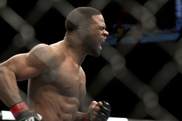 Tyron Woodley his first round KO victory over Jay Hieron during their UFC 156 welterweight mixed martial arts match, Saturday, Feb. 2, 2013 at The Mandalay Bay Resort & Casino in Las Vegas. (AP Photo/Eric Jamison)