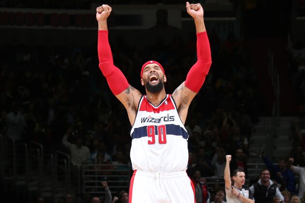 WASHINGTON, DC - MARCH 15: Drew Gooden #90 of the Washington Wizards celebrates during a game against the Brooklyn Nets at the Verizon Center on March 15, 2014 in Washington, DC. NOTE TO USER: User expressly acknowledges and agrees that, by downloading and or using this photograph, User is consenting to the terms and conditions of the Getty Images License Agreement. Mandatory Copyright Notice: Copyright 2014 NBAE (Photo by Ned Dishman/NBAE via Getty Images)