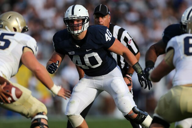 September 15, 2012; University Park, PA, USA; Penn State Nittany Lions linebacker Glenn Carson (40) defends the Navy Midshipmen offense in the second half at Beaver Stadium. Penn State defeated Navy, 34-7. Mandatory Credit: Rob Christy-USA TODAY Sports