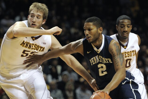 Penn State's D.J. Newbill (2) attempts to drive around Minnesota's Elliott Eliason, left, during the first half of an NCAA college basketball game on Sunday, March 9, 2014, in Minneapolis. (AP Photo/Tom Olmscheid)