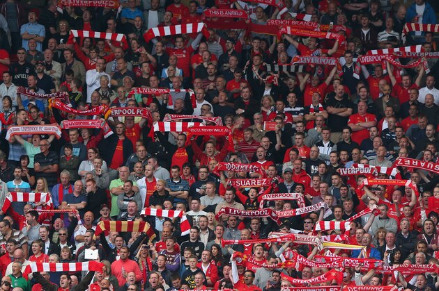 LIVERPOOL, ENGLAND - SEPTEMBER 02:   Liverpool supporters are seen in the Kop during the Barclays Premier League match between Liverpool and  Arsenal at Anfield on September 2, 2012 in Liverpool, England.  (Photo by Alex Livesey/Getty Images)