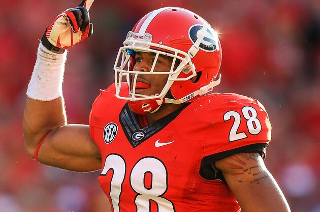 Sep 28, 2013; Athens, GA, USA; Georgia Bulldogs safety Tray Matthews (28) celebrates a pass break up in the second half against the LSU Tigers at Sanford Stadium. Georgia won 44-41. Mandatory Credit: Daniel Shirey-USA TODAY Sports Sep 28, 2013; Athens, GA, USA; Georgia Bulldogs safety Tray Matthews (28) celebrates a pass break up in the second half against the LSU Tigers at Sanford Stadium. Georgia won 44-41. Mandatory Credit: Daniel Shirey-USA TODAY Sports