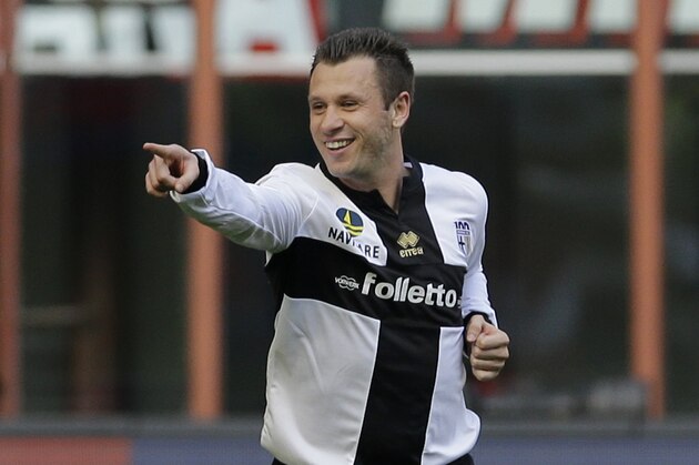 Parma forward Antonio Cassano celebrates after scoring during a Serie A soccer match between AC Milan and Parma, at the San Siro stadium in Milan, Italy, Sunday, March 16, 2014. (AP Photo/Luca Bruno)