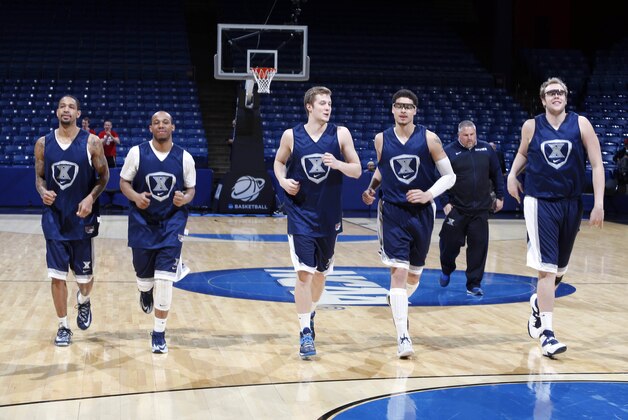Mar 17, 2014; Dayton, OH, USA; Xavier Muskateers run during practice the day before the first round of the NCAA Tournament at University of Dayton Arena. Mandatory Credit: Brian Spurlock-USA TODAY Sports