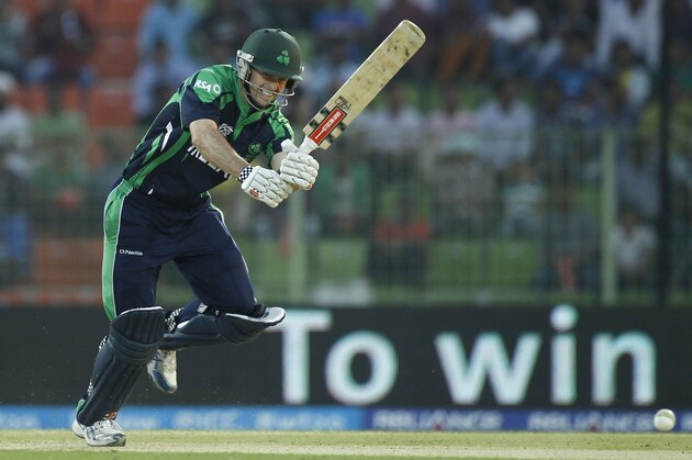 Ireland batsman Ed Joyce plays a shot during their ICC Twenty20 Cricket World Cup match against Zimbabwe in Sylhet, Bangladesh, Monday, March 17, 2014. (AP Photo/A.M. Ahad)