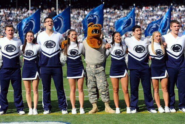 Nov 16, 2013; University Park, PA, USA; The Penn State Nittany Lions cheerleaders and mascot perform prior to the game against the Purdue Boilermakers at Beaver Stadium.  Penn State defeated Purdue  45-21.  Mandatory Credit: Rich Barnes-USA TODAY Sports