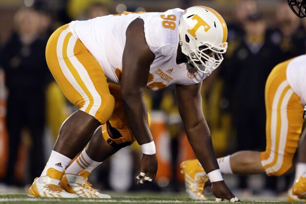 Tennessee defensive lineman Daniel McCullers takes up his position during the first half of an NCAA college football game against Missouri Saturday, Nov. 2, 2013, in Columbia, Mo. (AP Photo/Jeff Roberson)
