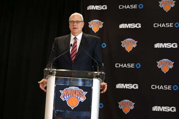 NEW YORK, NY - MARCH 18:  Phil Jackson speaks at a press conference after being announced as the new president of basketball operations for the New York Knicks on March 18, 2014 in New York City.  NOTE TO USER: User expressly acknowledges and agrees that, by downloading and/or using this Photograph, user is consenting to the terms and conditions of the Getty Images License Agreement. Mandatory Copyright Notice: Copyright 2014 NBAE (Photo by Nathaniel S. Butler/NBAE via Getty Images)