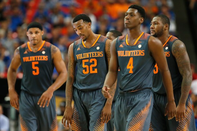 ATLANTA, GA - MARCH 15:  Jarnell Stokes #5, Jordan McRae #52, Armani Moore #4, and Jeronne Maymon #34 of the Tennessee Volunteers after a technical foul called against Maymon during the semifinals of the SEC Men's Basketball Tournament against the Florida Gators at Georgia Dome on March 15, 2014 in Atlanta, Georgia.  (Photo by Kevin C. Cox/Getty Images)