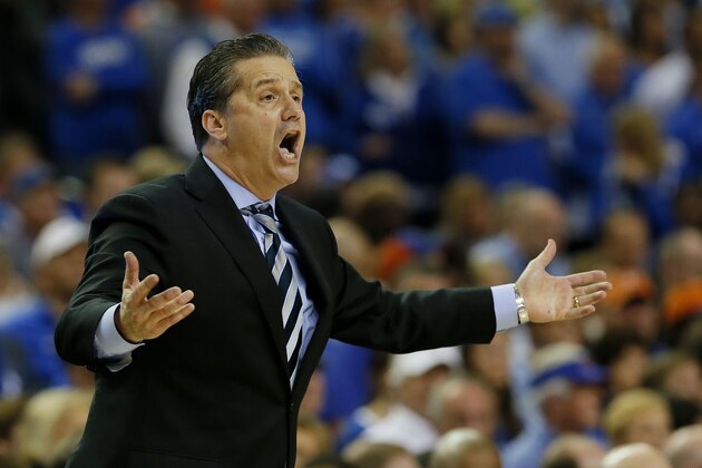 ATLANTA, GA - MARCH 16:  Head coach John Calipari of the Kentucky Wildcats reacts in the first half against the Florida Gators during the Championship game of the 2014 Men's SEC Basketball Tournament at Georgia Dome on March 16, 2014 in Atlanta, Georgia.  (Photo by Kevin C. Cox/Getty Images)