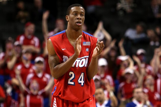 NEW YORK, NY - MARCH 14: Jordan Sibert #24 of the Dayton Flyers reacts after a play in the first half against the Saint Joseph's Hawks during the Quarterfinals of the 2014 Atlantic 10 Men's Basketball Tournament at Barclays Center on March 14, 2014 in the Brooklyn Borough of New York City.  (Photo by Mike Lawrie/Getty Images)