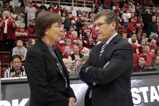 ADVANCE FOR WEEKEND EDITIONS, FEB. 16-17 - FILE - In this Dec. 29, 2012, file photo, Connecticut head coach Geno Auriemma, right, talks with Stanford head coach Tara VanDerveer before the start of an NCAA college basketball game in Stanford, Calif. Auriemma, VanDerveer and Andy Landers,at Georgia, are all within reach of joining the 900-win club in the next few years. A few others have a shot at it, including Notre Dame's Muffet McGraw, who just passed the 700-victory plateau. But after the Notre Dame coach it would be difficult to see anyone making a run at that number.  (AP Photo/Tony Avelar, File)