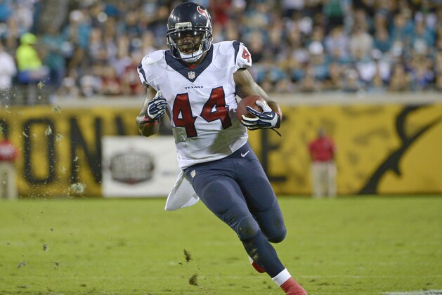 Houston Texans running back Ben Tate (44) looks to run against the Jacksonville Jaguars during the first half of an NFL football game in Jacksonville, Fla., Thursday, Dec. 5, 2013.(AP Photo/Phelan M. Ebenhack)
