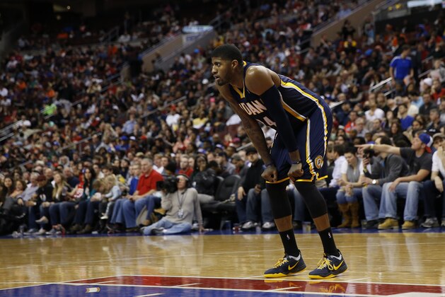Indiana Pacers' Paul George in action during an NBA basketball game against the Philadelphia 76ers, Friday, March 14, 2014, in Philadelphia. (AP Photo/Matt Slocum)