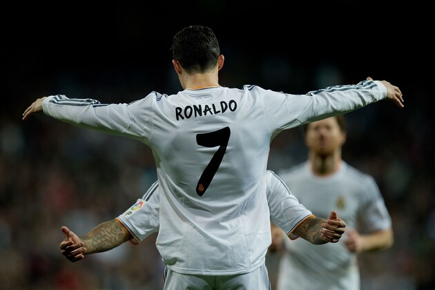 MADRID, SPAIN - MARCH 09: Cristiano Ronaldo of Real Madrid CF embraces celebrating his teammate Marcelo's goal during the La Liga match between Real Madrid CF and Levante UD at Estadio Satiago Bernabeu on March 9, 2014 in Madrid, Spain.  (Photo by Gonzalo Arroyo Moreno/Getty Images)