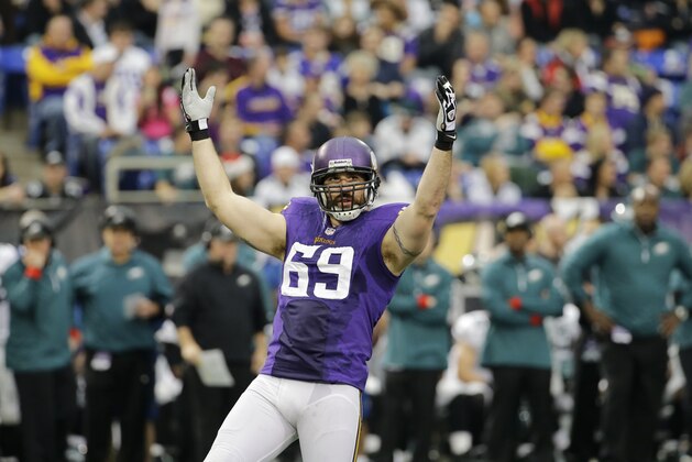 Minnesota Vikings defensive end Jared Allen reacts during the first half of an NFL football game against the Philadelphia Eagles, Sunday, Dec. 15, 2013, in Minneapolis. (AP Photo/Ann Heisenfelt)
