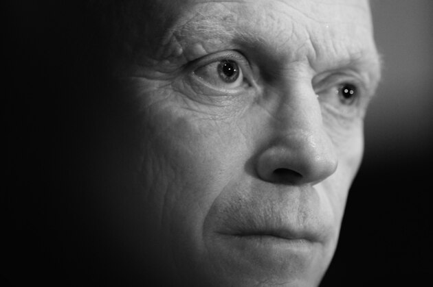 MANCHESTER, ENGLAND - MARCH 18: (EDITORS NOTE: Image has been converted to black and white.)  David Moyes of Manchester United speaks to the media during a press conference at Old Trafford on March 18, 2014 in Manchester, England.  (Photo by Laurence Griffiths/Getty Images)