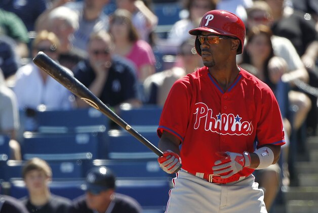 Mar 1, 2014; Tampa, FL, USA; Philadelphia Phillies shortstop Jimmy Rollins (11) at bat during the third inning against the New York Yankees at George M. Steinbrenner Field. Mandatory Credit: Kim Klement-USA TODAY Sports