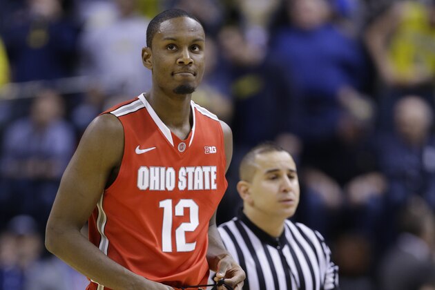 Ohio State forward Sam Thompson reacts as he is fouled out in the second half of an NCAA college basketball game against Michigan in the semifinals of the Big Ten Conference tournament Saturday, March 15, 2014, in Indianapolis. Michigan won 72-69. (AP Photo/Michael Conroy)
