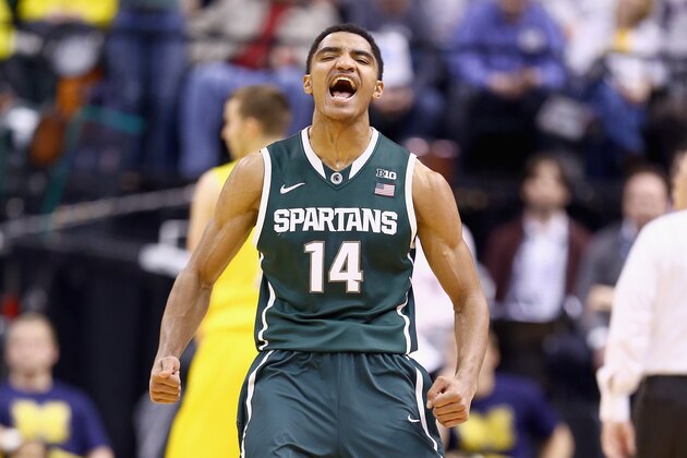 INDIANAPOLIS, IN - MARCH 16:  Gary Harris #14 of the Michigan State Spartans celebrates during the 69-55 win over the Michigan Wolverines  during the finals of the Big Ten Basketball Tournament at Bankers Life Fieldhouse on March 16, 2014 in Indianapolis, Indiana.  (Photo by Andy Lyons/Getty Images)