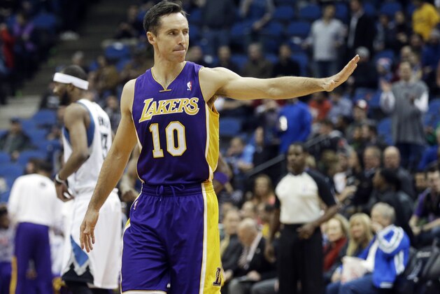 Los Angeles Lakers' Steve Nash waves to the Minnesota Timberwolves bench prior to   an NBA basketball game, Tuesday, Feb. 4, 2014, in Minneapolis. The Timberwolves won 109-99. It was the first game back for Nash since early November as he recovered from a back injury. (AP Photo/Jim Mone)