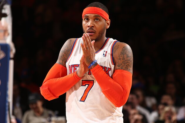 NEW YORK, NY - MARCH 10: Carmelo Anthony #7 of the New York Knicks against the Philadelphia 76ers during a game at Madison Square Garden in New York City. NOTE TO USER: User expressly acknowledges and agrees that, by downloading and or using this photograph, User is consenting to the terms and conditions of the Getty Images License Agreement. Mandatory Copyright Notice: Copyright 2014 NBAE (Photo by Nathaniel S. Butler/NBAE via Getty Images)