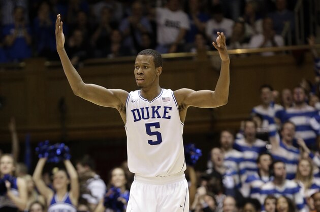 Duke's Rodney Hood (5) reacts following a basket against North Carolina during the second half of an NCAA college basketball game in Durham, N.C., Saturday, March 8, 2014. Duke won 93-81. (AP Photo/Gerry Broome)