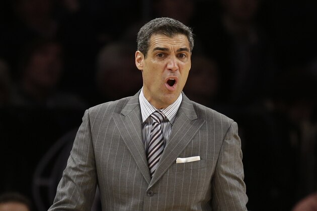 Villanova head coach Jay Wright yells during the first half of an NCAA college basketball game against Seton Hall in the second round of the Big East Conference tournament at Madison Square Garden, Thursday, March 13, 2014, in New York. (AP Photo/Seth Wenig)