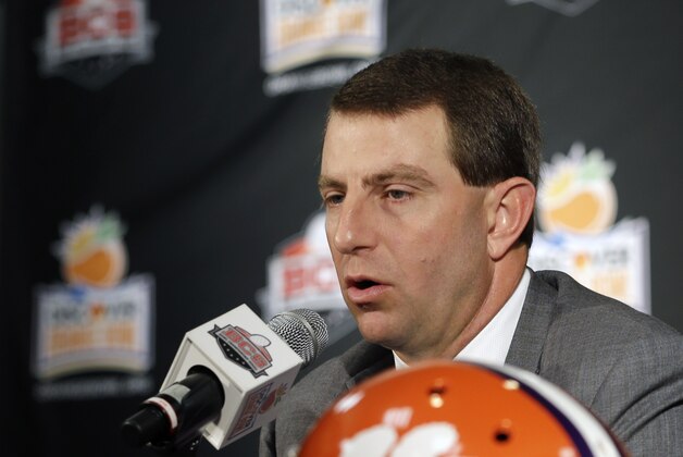 Clemson head coach Dabo Swinney answers a question during a news conference in Fort Lauderdale, Fla., Thursday, Jan. 2, 2014. Clemson will face Ohio State in the NCAA college football Orange Bowl classic, Friday, Jan. 3, in Miami Gardens, Fla. (AP Photo/Alan Diaz) Clemson head coach Dabo Swinney answers a question during a news conference in Fort Lauderdale, Fla., Thursday, Jan. 2, 2014. Clemson will face Ohio State in the NCAA college football Orange Bowl classic, Friday, Jan. 3, in Miami Gardens, Fla. (AP Photo/Alan Diaz)