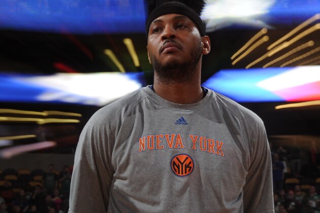 BOSTON, MA - MARCH 12: Carmelo Anthony #7 of the New York Knicks before the game against the Boston Celtics on March 12, 2014 at the TD Garden in Boston, Massachusetts.  NOTE TO USER: User expressly acknowledges and agrees that, by downloading and or using this photograph, User is consenting to the terms and conditions of the Getty Images License Agreement. Mandatory Copyright Notice: Copyright 2014 NBAE  (Photo by Brian Babineau/NBAE via Getty Images)